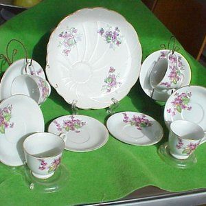 VTG Child’s Occupied Japan Violets Tea Set 4 Cups & 6 Saucers & Serve Tray Plate